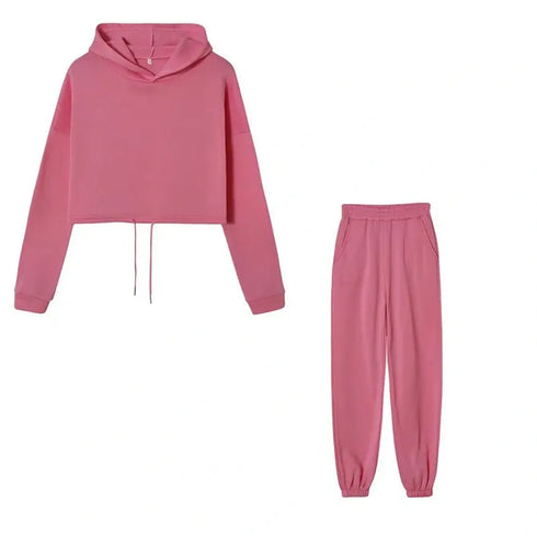 Women’s Winter and Autumn Two-Piece Tracksuit - Oversized Sweatshirt Solid Color Sportswear Hoodie - Warms Hoodies